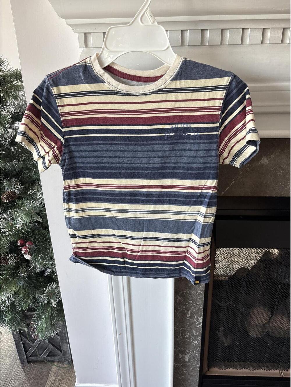 Lucky Brand Striped Short Sleeve Tee Shirt Navy Burgundy Cream Boys size 5T Kids